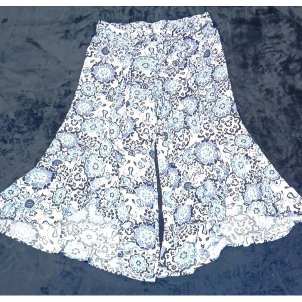 Cato High Rise Split Wide Leg Palazzo Pants XL Blue Floral Boho Coastal Grandma